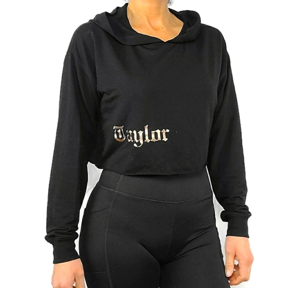 Forever 21 TAYLOR Crop Hoodie Size Medium Gold Black - Picture 1 of 3